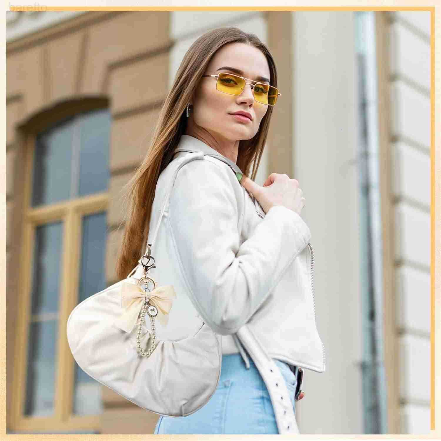 Coquette Ruched Shoulder Bag for Women Cute Leather Clutch Cloud Purse with Bow Charm Crescent Handbag Tote Bag Girl M250903