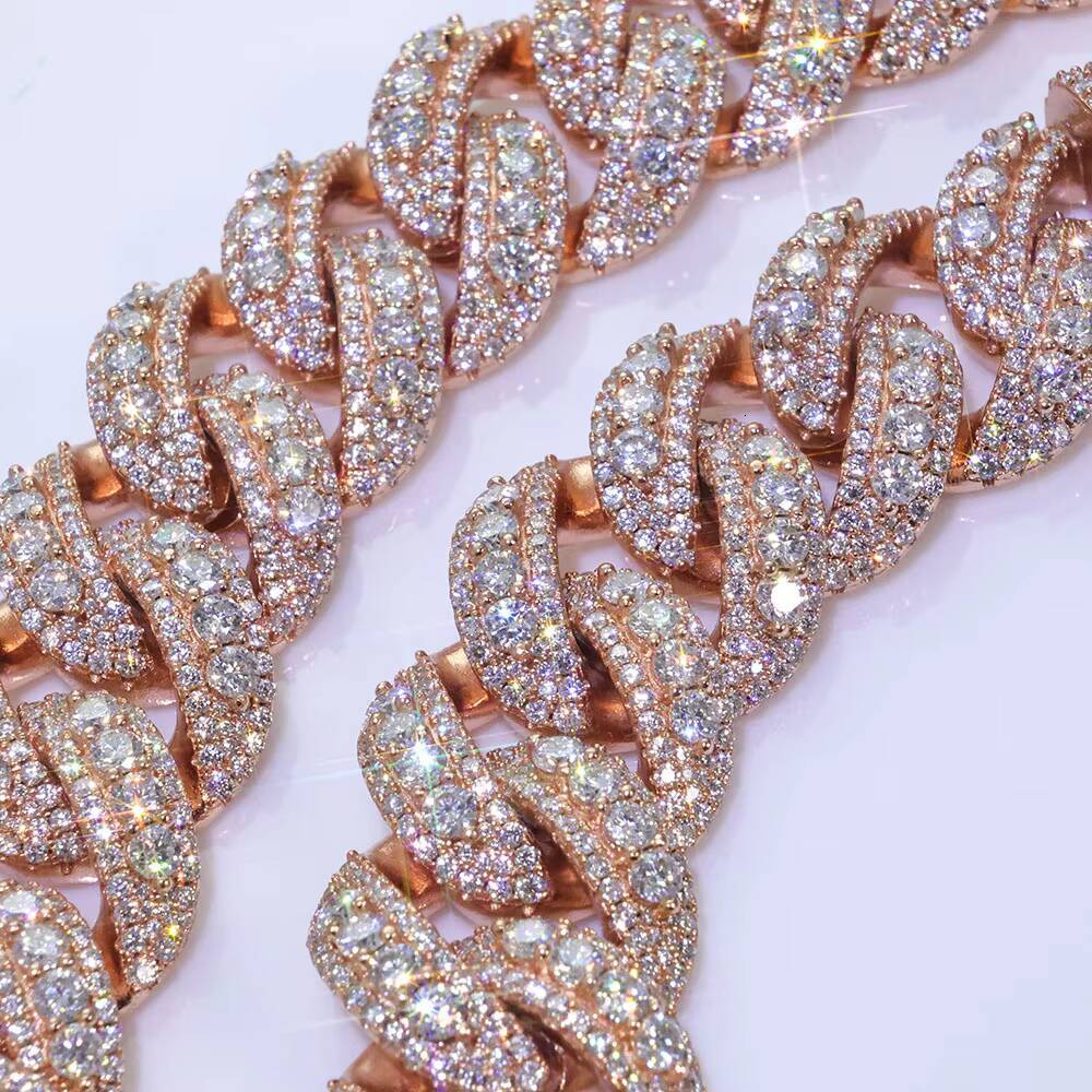 NUOYA Womens 3 Row Cuban Chain 22mm Full Iced Out Moissanite Necklace Rose Gold Plated Hip Hop Fine Jewelry