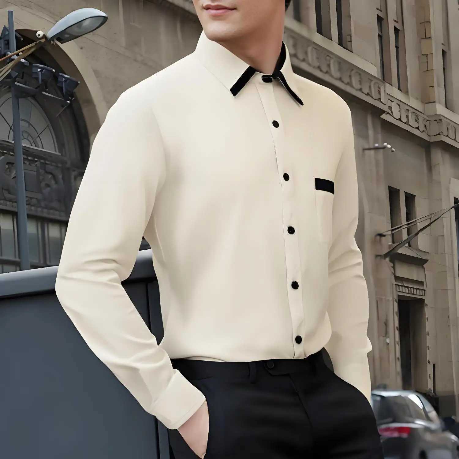 Spring and autumn mens personalized fashion contrast color with pocket long sleeve lapel shirt versatile mens cardigan X250903