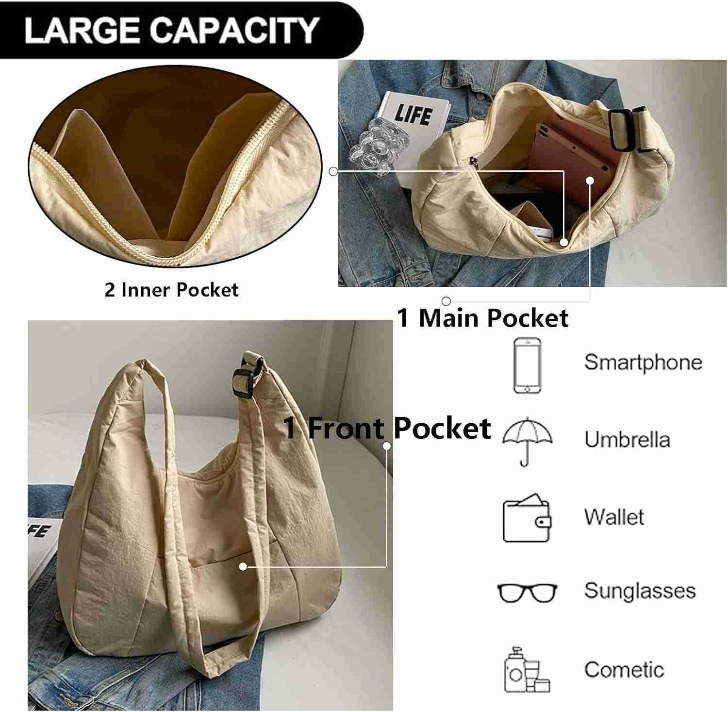 Large Nylon Crossbody Purse Women Hobo Crescent Shoulder Bag Slouchy Tote Bag Casual Weekend Handbag for Women M250903