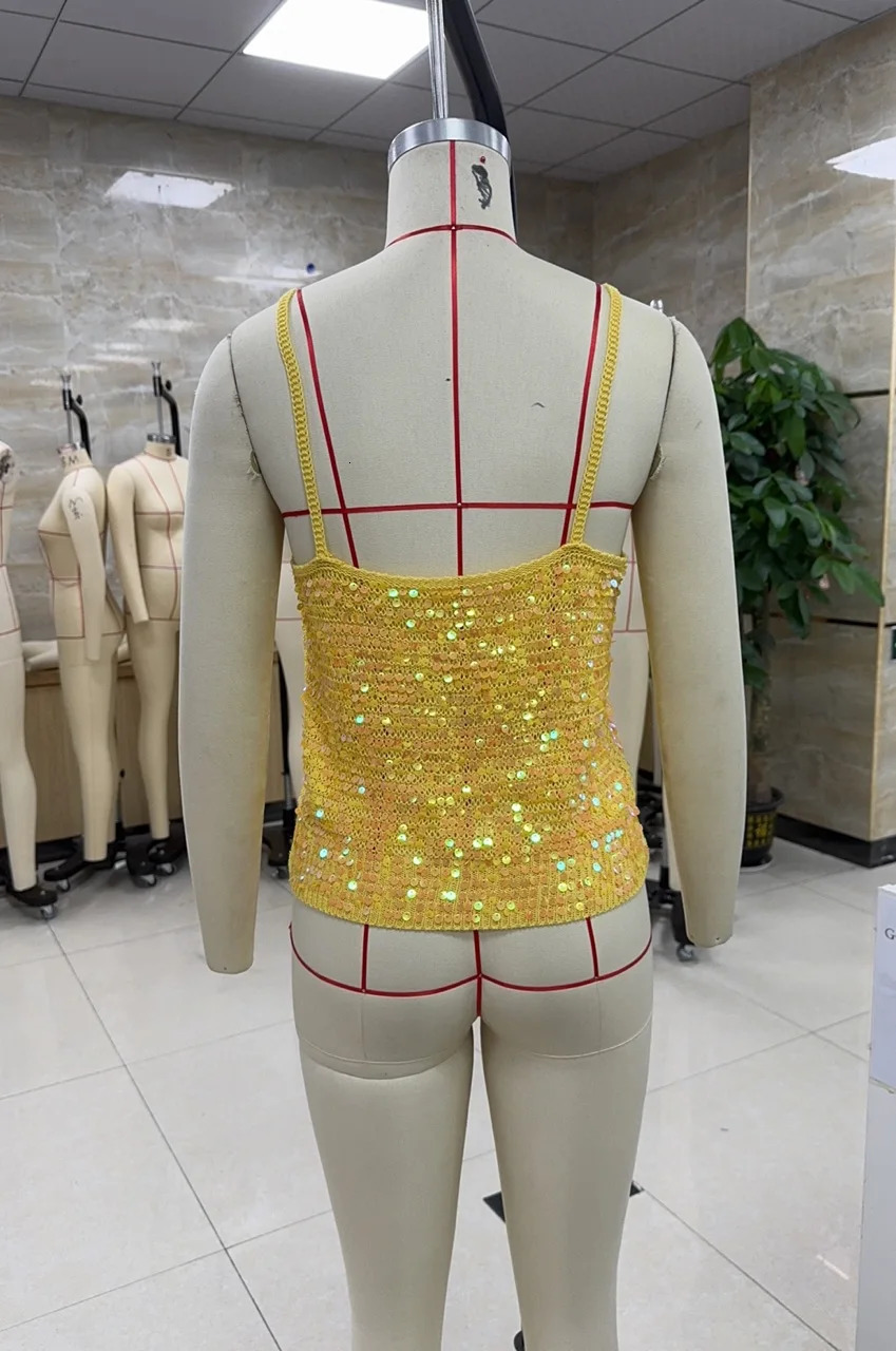 Sequin Embellished Crochet Crop Tops Women Summer Beach Knitted Smocked Camis Sparkly Glitter Backless Coverup Crop Tops Vest 250902