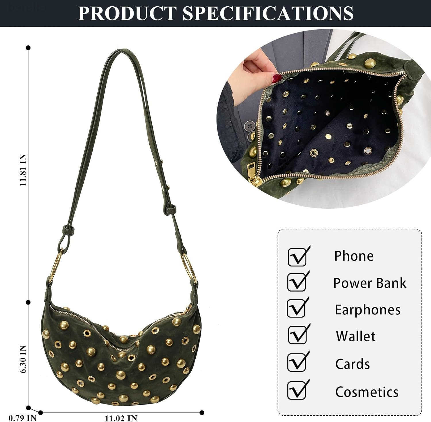 Purse Trendy Studded Handbag Hobo Crescent Bags Y2K Shoulder Bag Suede Purses for Women M250903