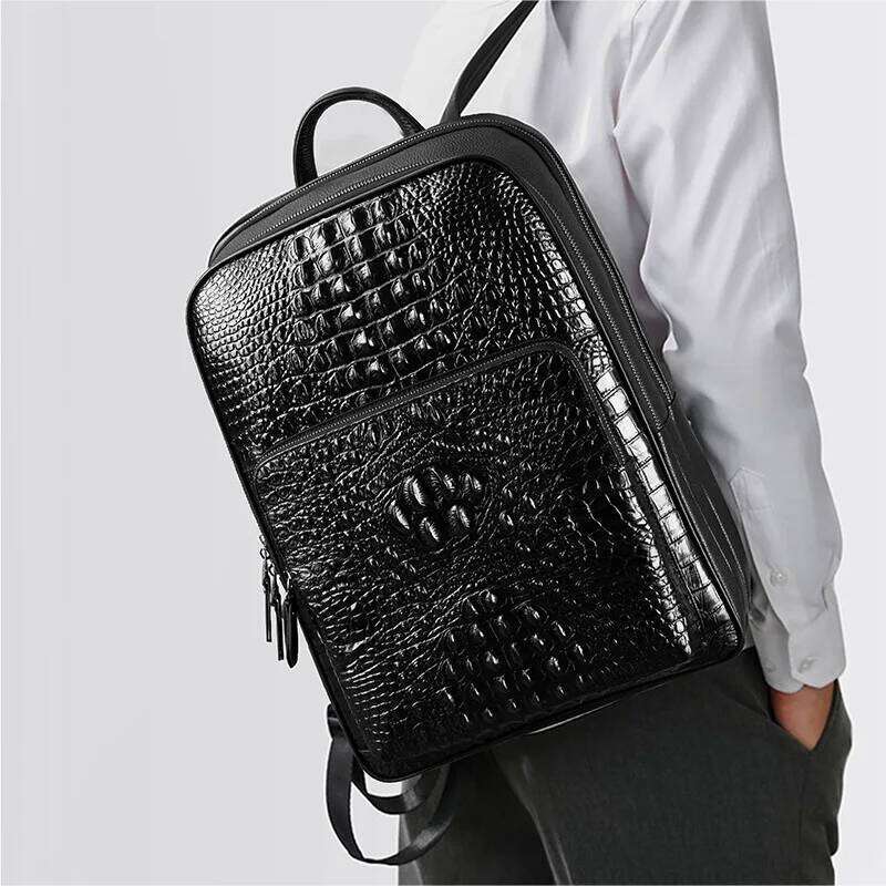 Genuine Leather Business Crocodile pattern Men Bags Large Laptop Bagpack Travel Backpack College Schoolbag