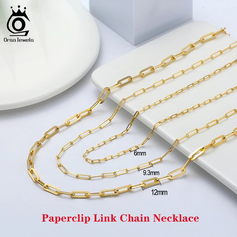 ORSA JEWELS 14K Gold Plated Genuine 925 Sterling Silver Paperclip Neck Chain 69312mm Link Necklace for Women Men Jewelry SC39250912
