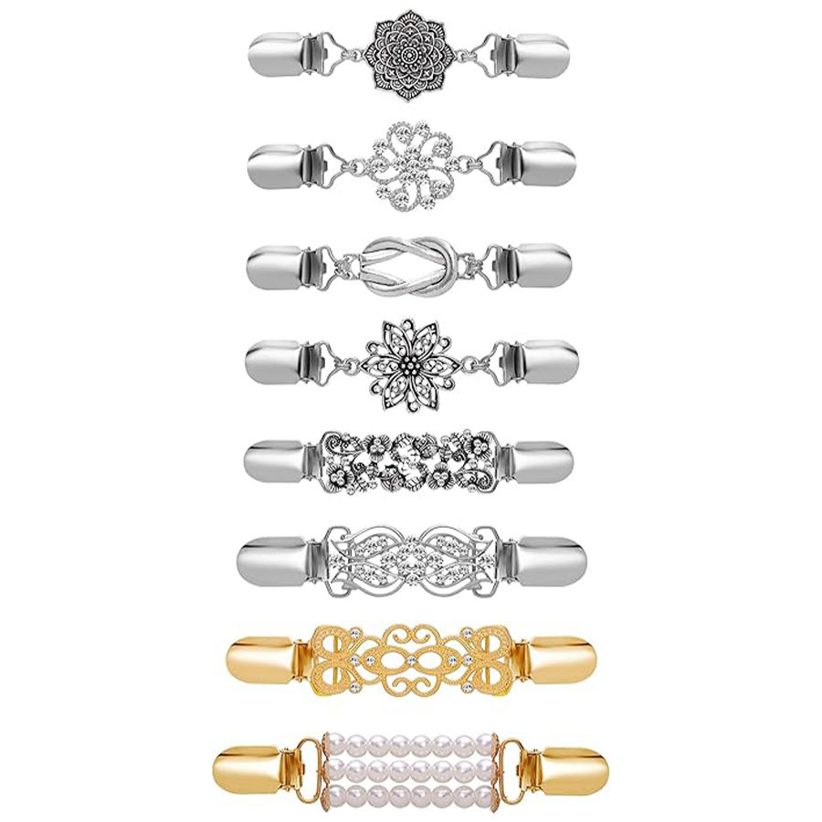 8Pcs Vintage Sweater Shawl Clips Retro Cardigan Collar Shirt Dresses Waist Clip Antique Flowers Pattern Brooch Clip Women