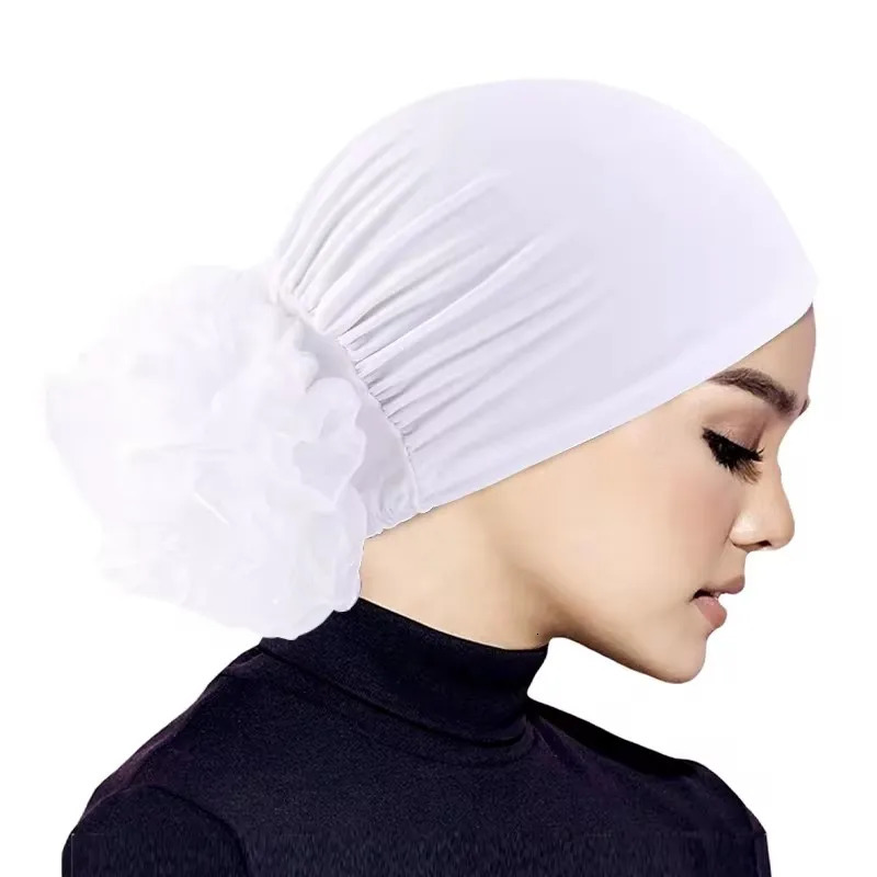 Womens Hijabs Turban Big Flower Elastic Cloth Hair Bands Hat Beanie Ladies Muslim Solid Loss Scarf Cap Accessories 250903