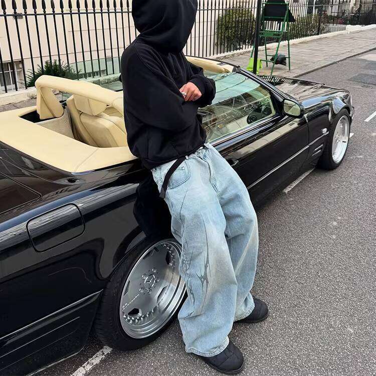 Wide-Leg Printed Denim Sweatpants Oversized Street Style Loose Track Pants Men's Jeans