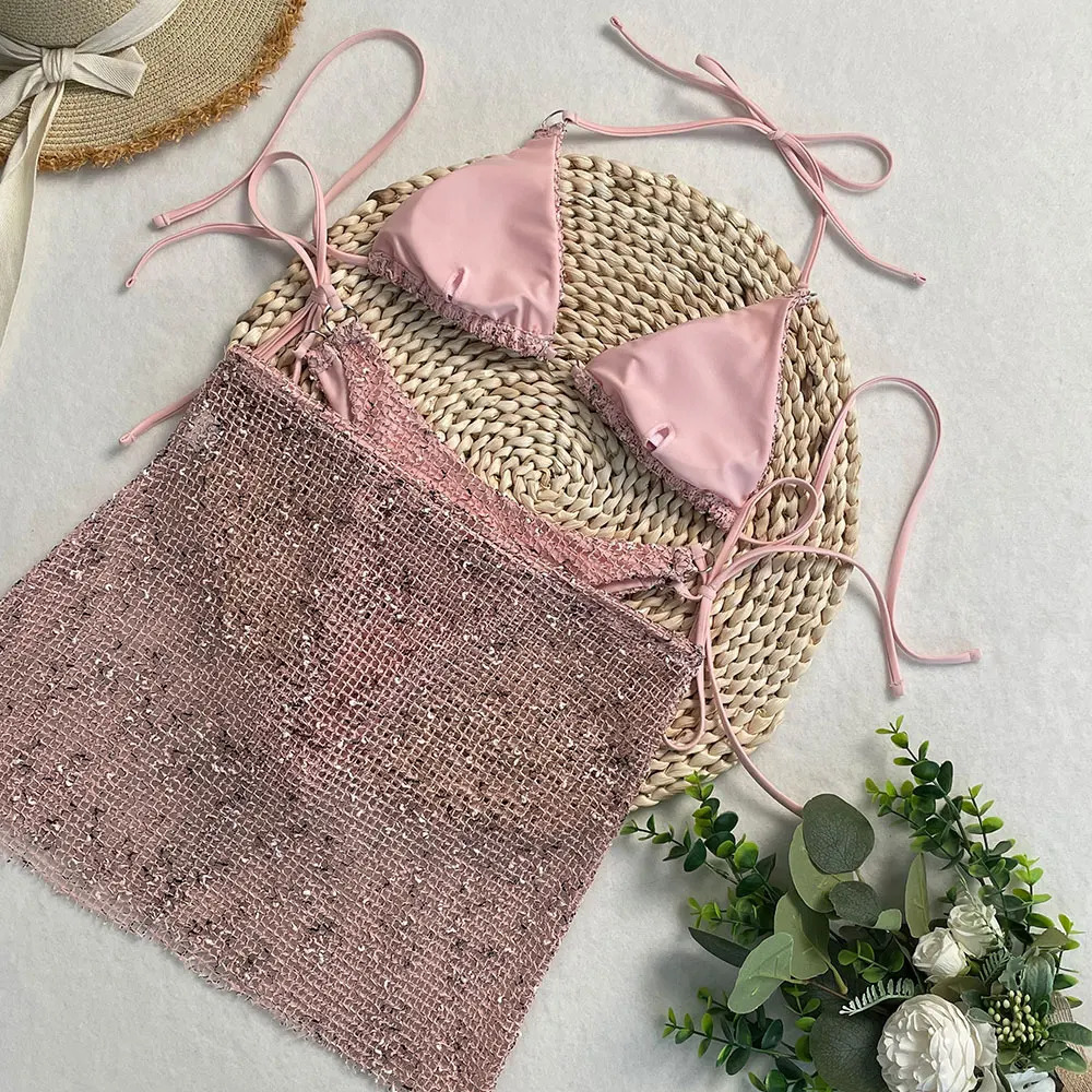 DEBAIOR Shiny Swimsuit with Skirt CoverUp 2025 Womens 3Piece Bikini Set Adjustable Bathing Suit Summer Vacation Beachwear 250903