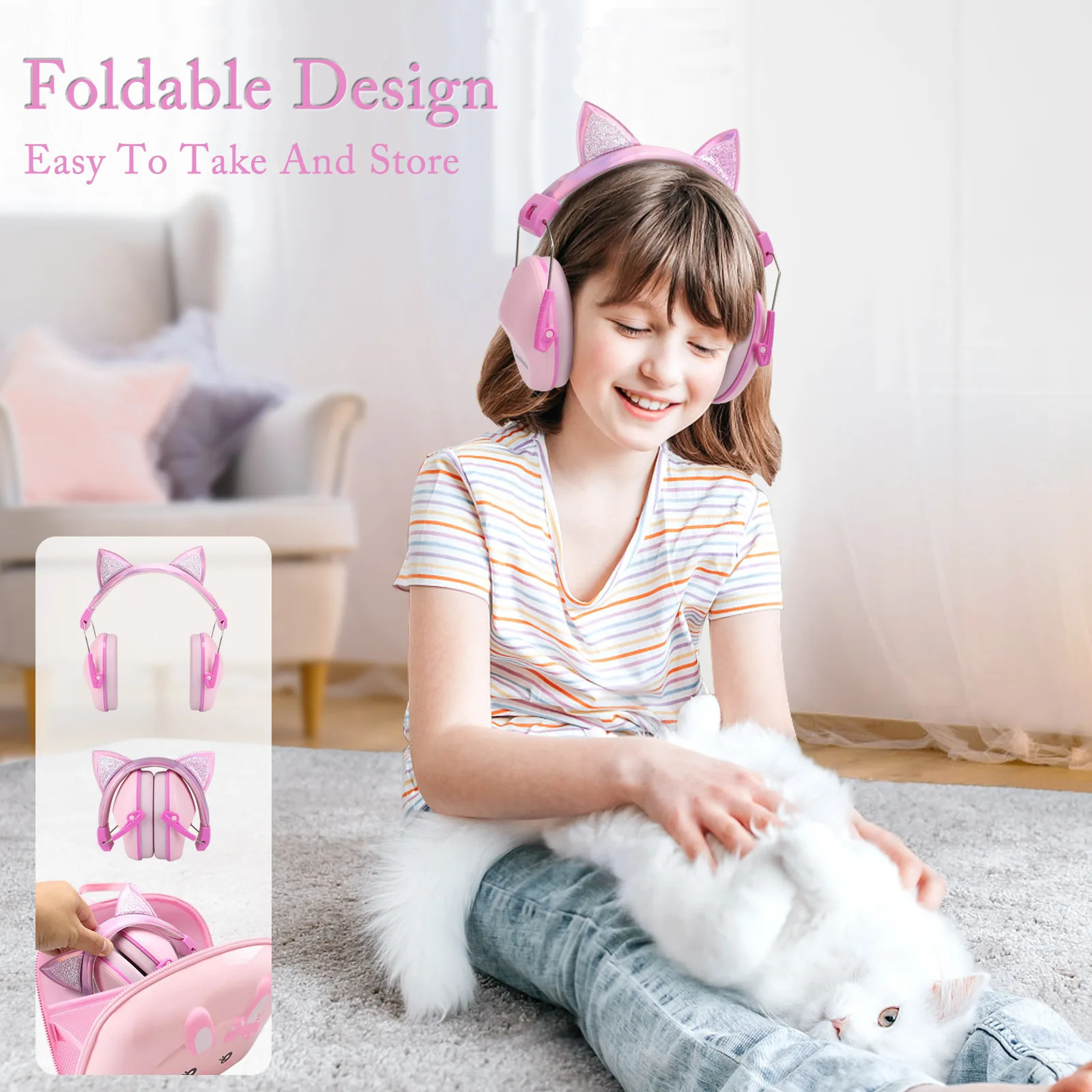 Cute Children AntiNoise Earmuffs Pink Cat Ears Kid Hearing Protection Adjustable Ear Protector For Study Sleep Noise Cancelling 250903