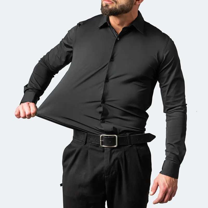 Plus Size 7XL 6XL High Elasticity Seamless Spandex Shirt Men Long Sleeve Slim Fit Casual Solid Color Social Formal Dress Shirts X250903
