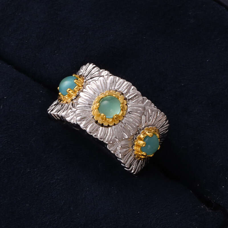 Live Italian Sterling Silver Blue Agate Daisy Ring for Women New High-End Pink Opal