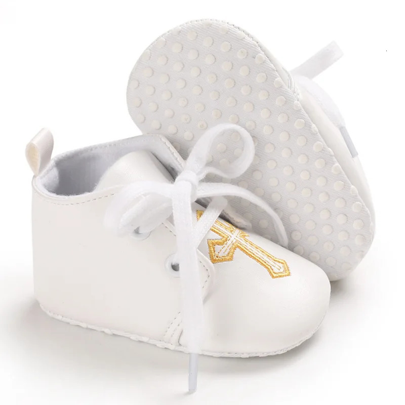 born Baby White Baptism Shoes Soft Antislip Toddler Boy Girl Christening Golden Church Cross Soled Infant First Walker Shoes 250902