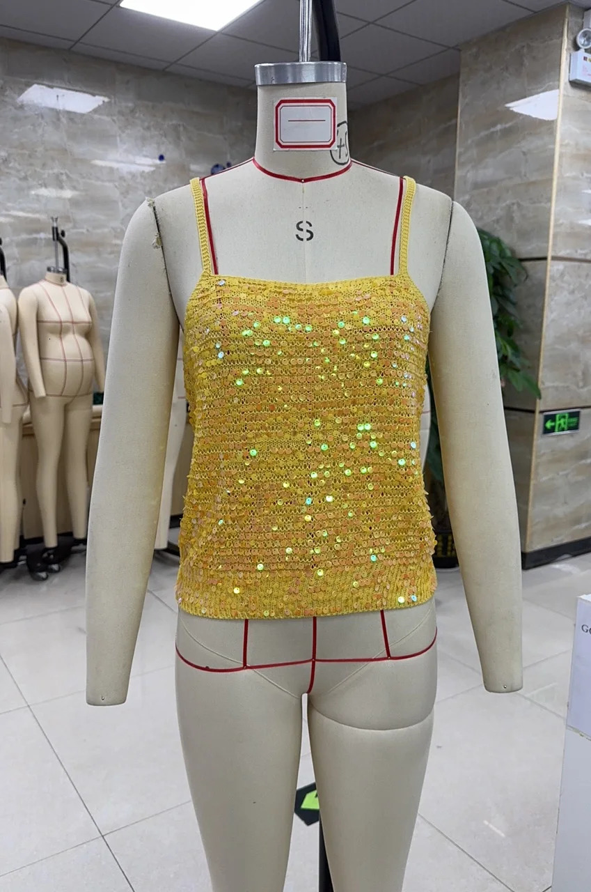 Sequin Embellished Crochet Crop Tops Women Summer Beach Knitted Smocked Camis Sparkly Glitter Backless Coverup Crop Tops Vest 250902