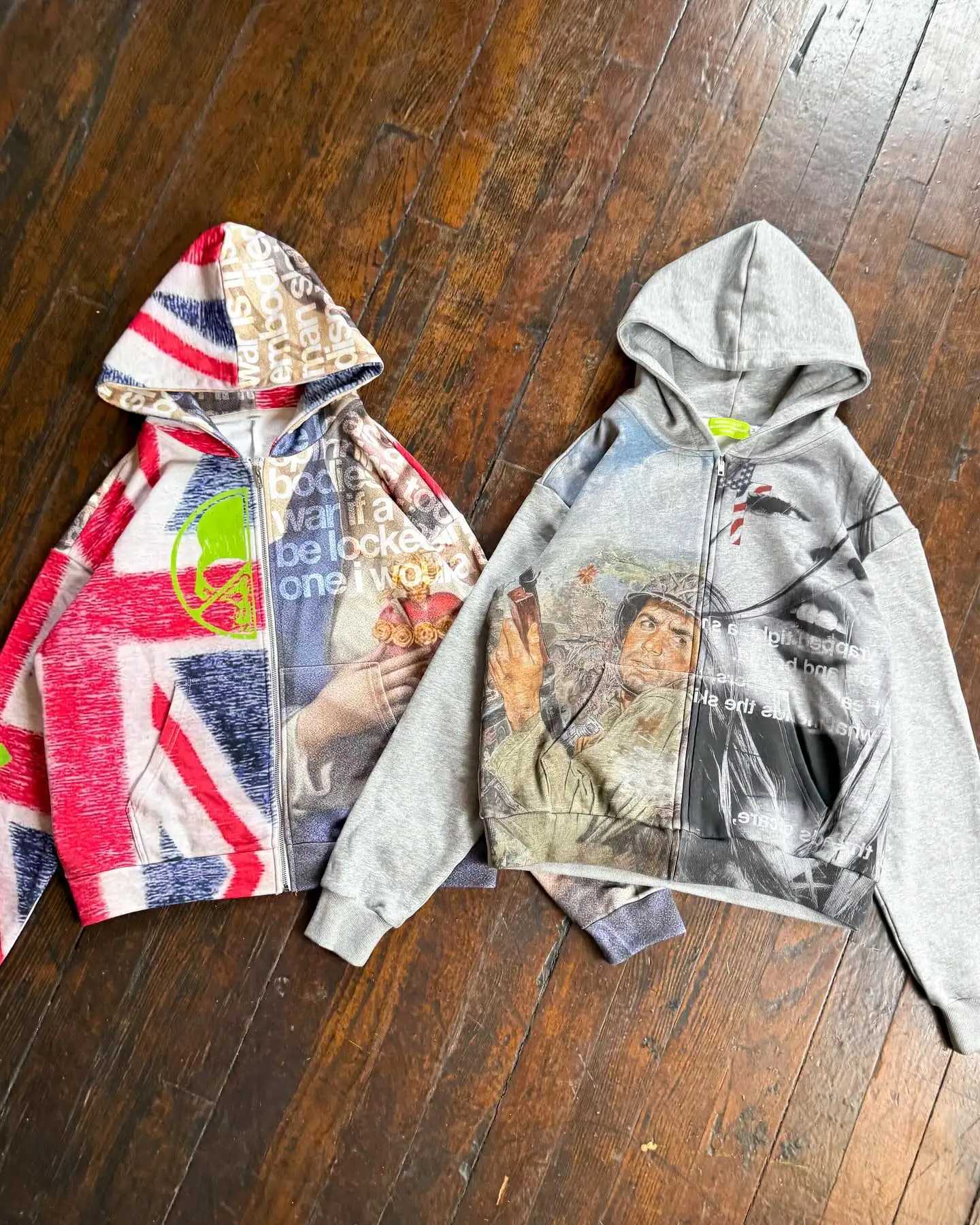 Y2K Retro Poster Pattern Zipper Hoodie Men Women Harajuku Fashion Grey Oversized Loose Hoodies Sweatshirt Zipper Streetwear W250903