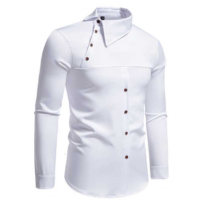 Fashion Man Stand Collar Shirt Personality Oblique Button Irregular Long Sleeve Business Festival Hombre Mens Dress Shirts X250903