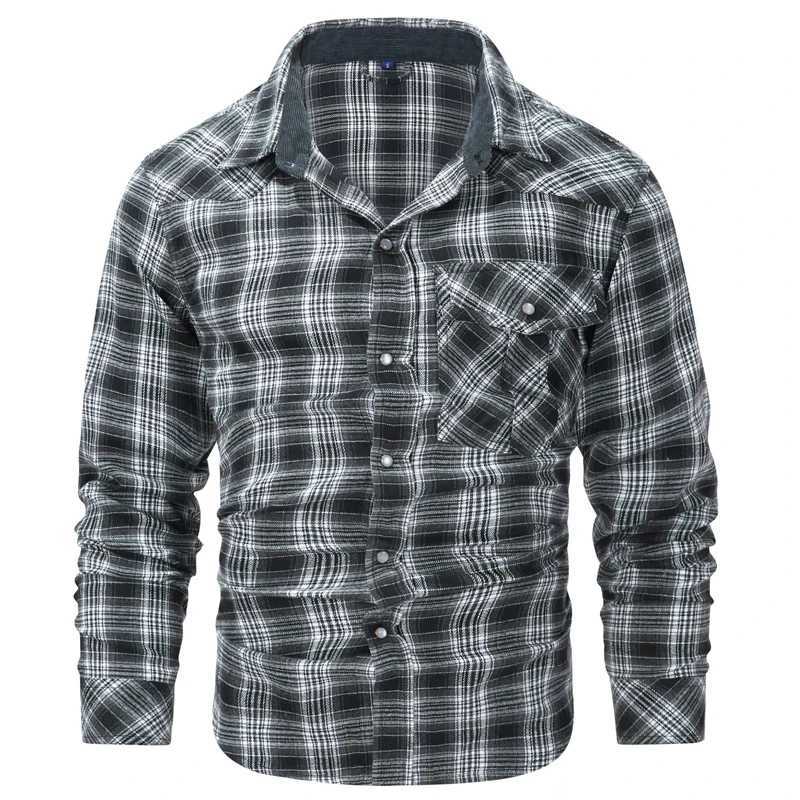 Spring Autumn Mens Plaid Shirts Men Retro Pearl button Long Sleeve Cotton Shirt Mens Windbreaker Flannel Shirt Clothing X250903