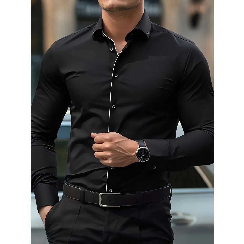 FGKKS New Men White Shirts Fashion Quality Smart Business Long Sleeve Casual Patchwork Elastic Male Dress Shirt X250903