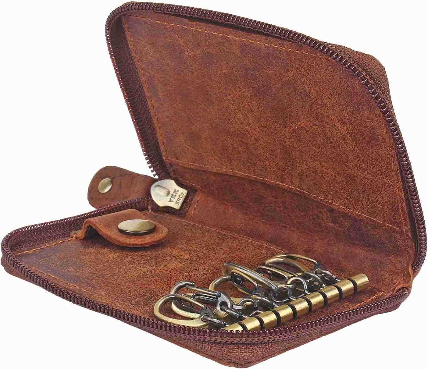 Leather Key Holder Case Zippered Key Organizer Wallet with 8 Hooks for Keys Cash Card Gift for Men Women M250904