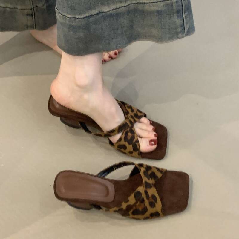 Summer 2025 French Style Leopard Print Cross Wedge High Heel One-Strap Sandals for Women Designer Shoe with Unique Design