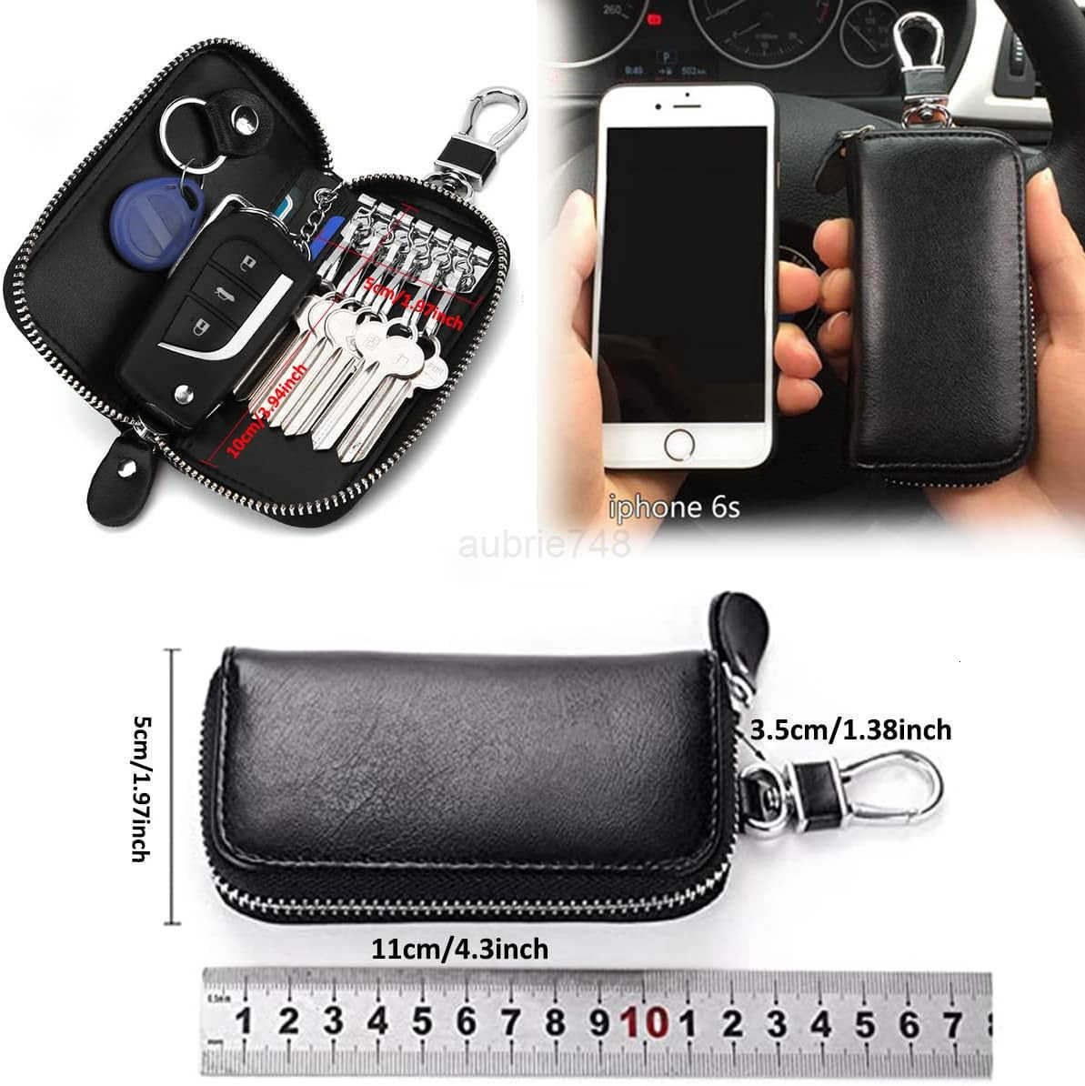 Unisex Mens Womens Premium Leather Car Key Holder Bag Keychain Case Wallet with 6 Hooks Zipper Closure M250904