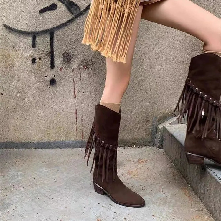 French Vintage Brown Leather Fringed Cowboy Boots Womens Maillard Boots Prairie Wear Knight Boots 250903