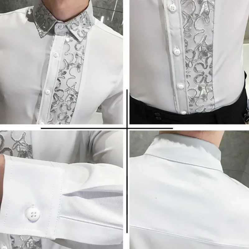 Luxury Black White Sexy Lace Patchwork Shirt 2023 Fashion Mens Slim Fit Social Dress Nightclub Singer Party Casual Shirts 4XLM X250903