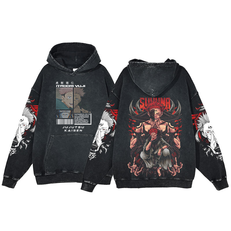 Anime Jujutsu Kaisen Hoodie Gojo Satoru Series Print Harajuku Washed Hooded Sweatshirt Men's - VT2741