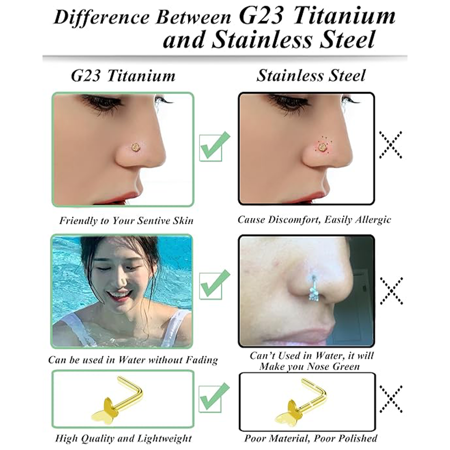 15Pcs G23 Titanium Nose Rings Stud L Shaped Star Heart CZ Flower Butterfly Ball Nose Stud Pure Titanium Nostril Piercing Jewelry for Women Men 20G Sil