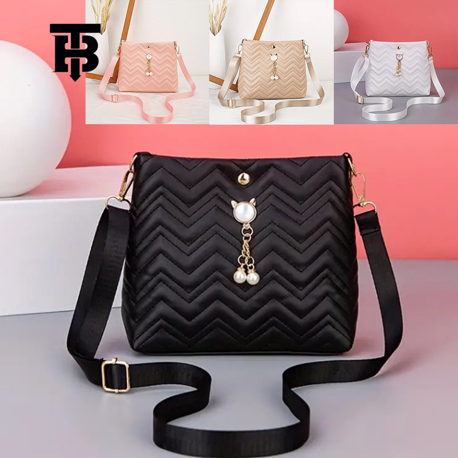 TB BHULAMTE Designer Korean-style Fashionable Wave-striped Quilted Cat Pearl Pendant Decorated Simple Women's Crossbody Bag