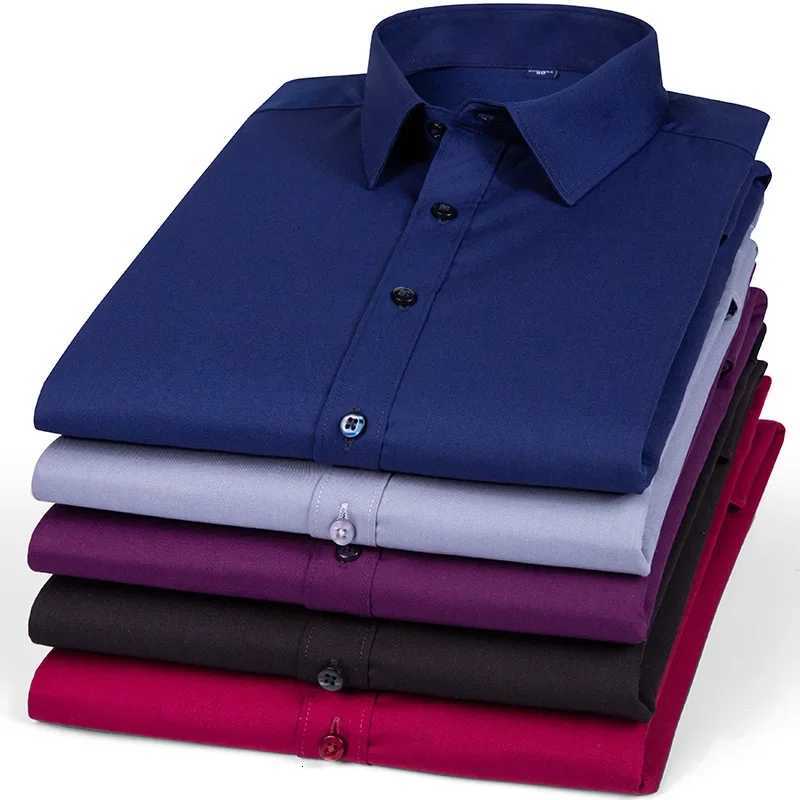 Plus size 8XL elastic longsleeve shirts for men slim fit formal plain shirt wrinkle free soft office tops solid color clothes X250903
