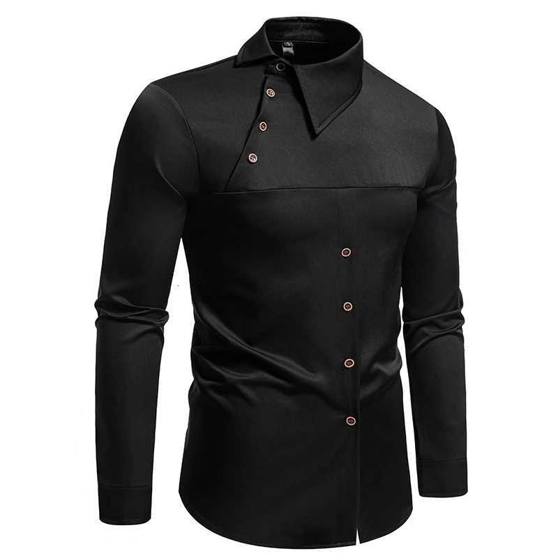 Fashion Man Stand Collar Shirt Personality Oblique Button Irregular Long Sleeve Business Festival Hombre Mens Dress Shirts X250903