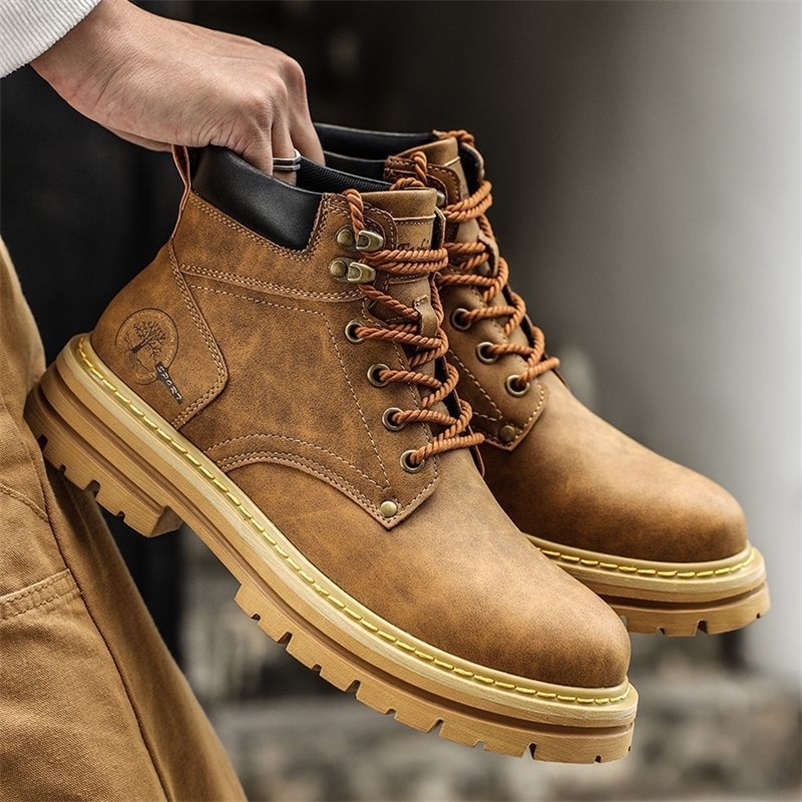 Men Ankle Boots Platform Leather 2025 Fashion Brown Laceup Boot High Top Comfortable Casual Shoes Nonslip Work y250902
