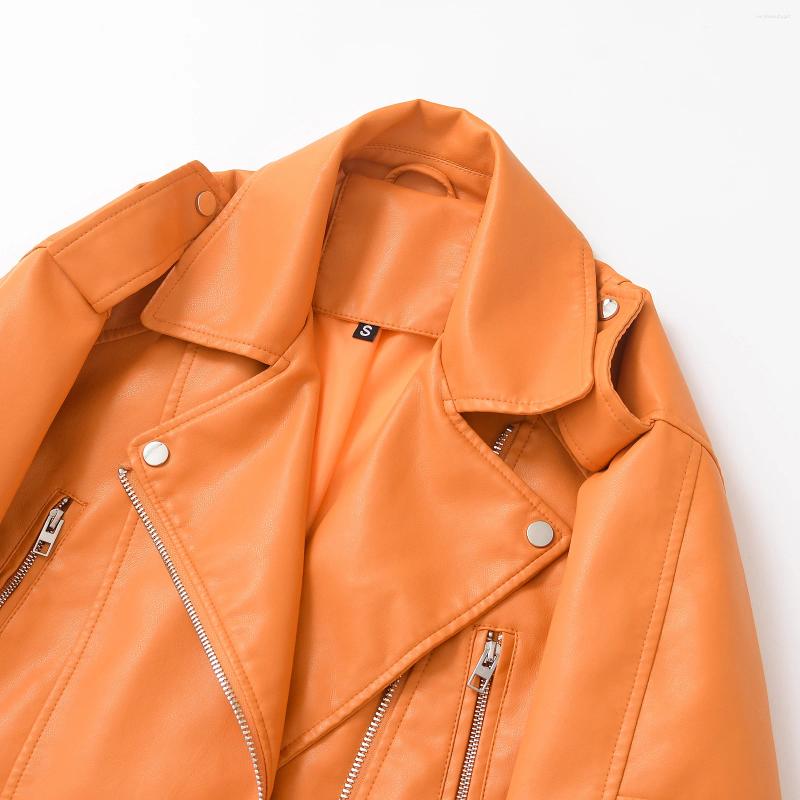 Women's Fur Autumn Winter PU Leather Jacket Lady Lapel Motorcycle Outwear Casual Orange Coat Chic Tops