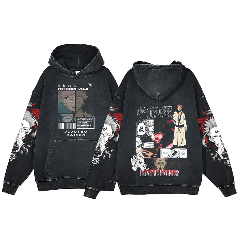 Anime Jujutsu Kaisen Hoodie Gojo Satoru Series Print Harajuku Washed Hooded Sweatshirt Men's - VT2741
