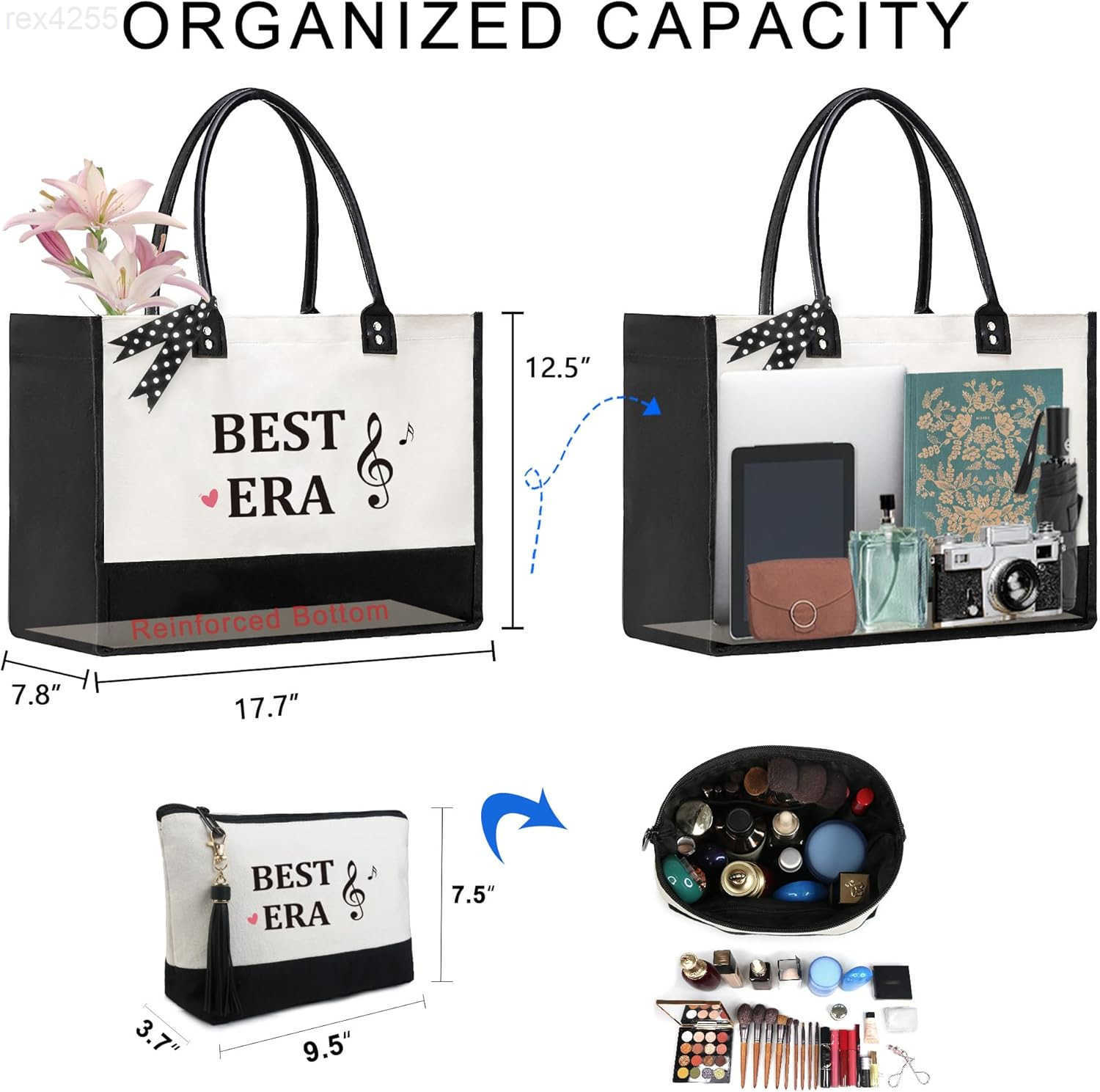 Birthday Gifts Personalized Womens Large White and Black Canvas Tote Bag Embroidered Initials Leather Handle Zipper ClosureW250903