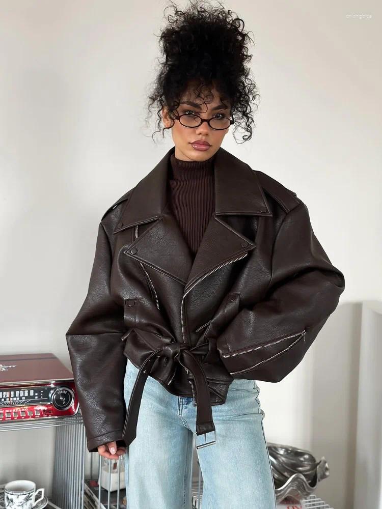 Women's Jackets Casual Black Leather Lace Up Short Jacket Women Long Sleeve Zipper Lapel Loose Button Coat Lady Daily High Street Outerwear