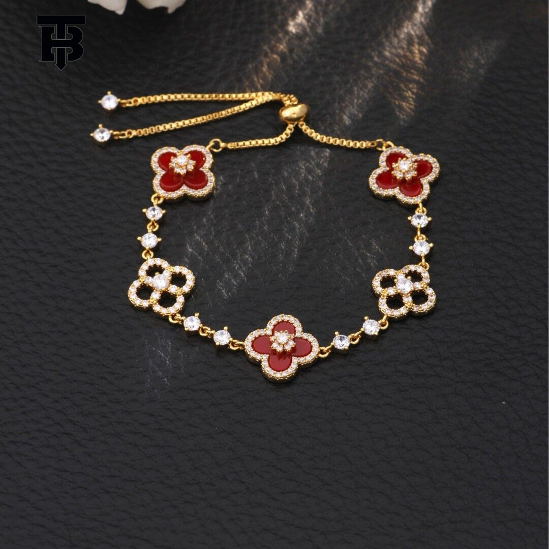 TB BHULAMTE Designer Women's Bracelet, Light Luxury Genuine Gold Plating, Four-petal Flower Zircon Lucky Pollen Red Elegant Adjustable Bracelet