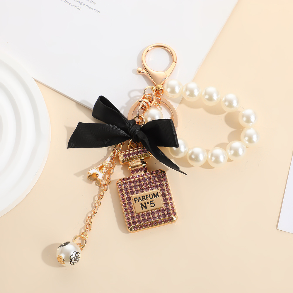 keychain designer keychain style bowknot pearl perfume bottle rhinestone bag keychain metal key pendant mini bag keychain