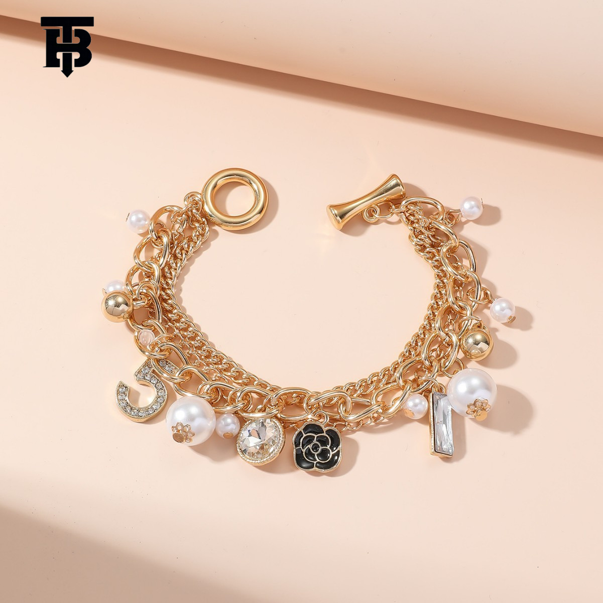 TB BHULAMTE Designer Lady Korean Multi-layer Bracelet Alloy Small Flower Inlaid Diamond Pendant, 5-character European And American Style Metal Chain B