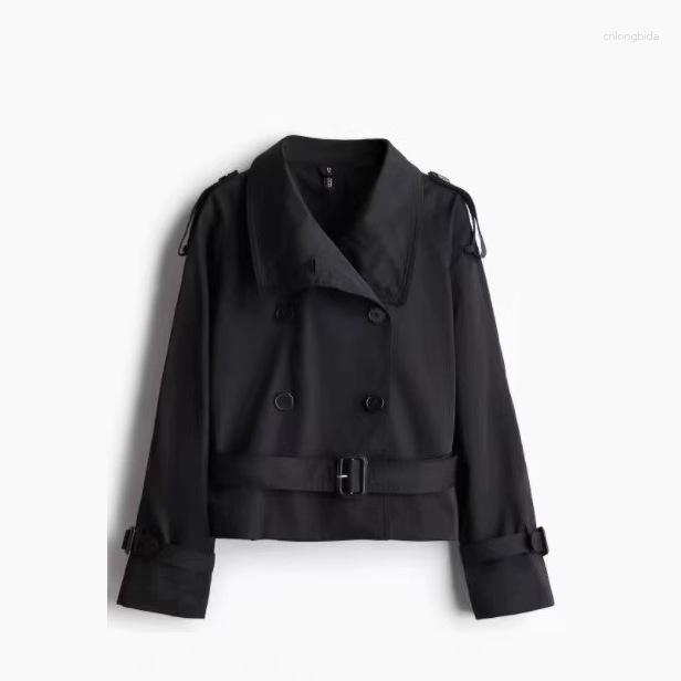 Women Cropped Trench Coat Stand Collar Double Breasted Belte - view 3