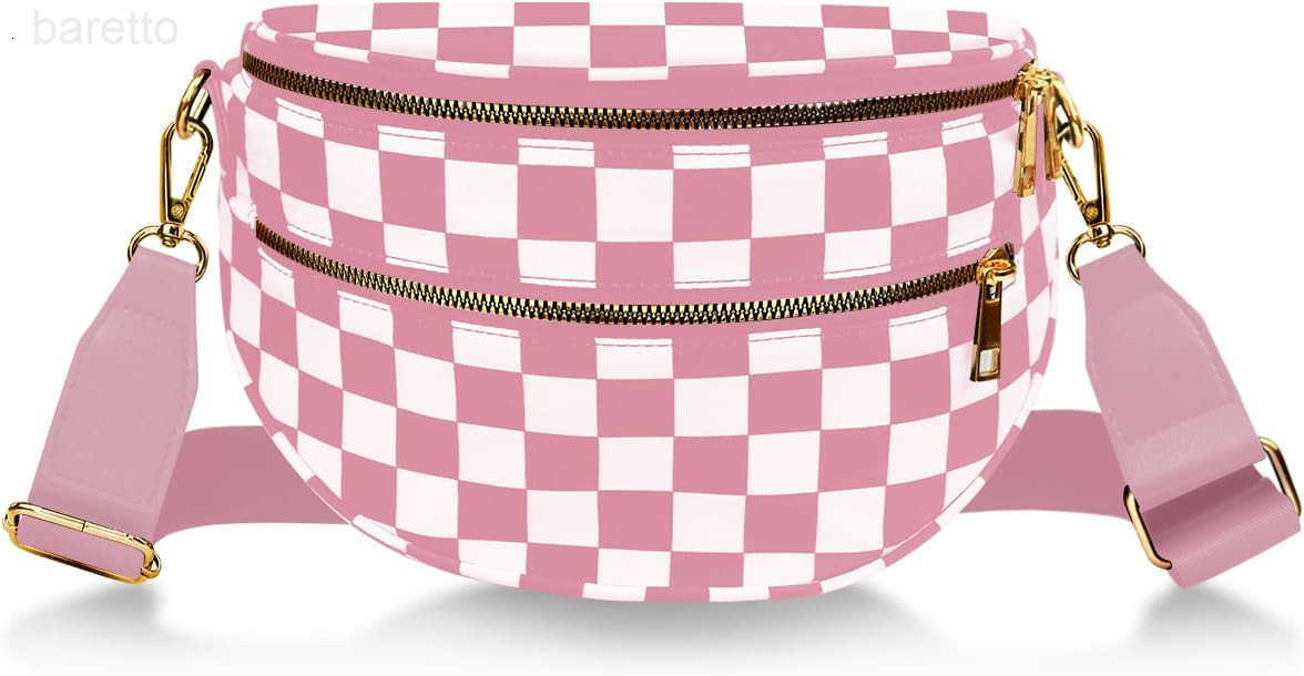 Womens Crossbody Bum Bag Trendy Crescent Plaid Waist Bag with Large Pockets and Strap Sling Pack for Casual Travel Outdoor One Fize fits All Pink and 