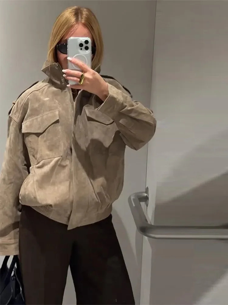 Casual Solid Suede Jackets Women Street Stand Collar Full Sleeve Zippers Loose Coats Female 2025 Autumn Fashion Lady Jacket 250903