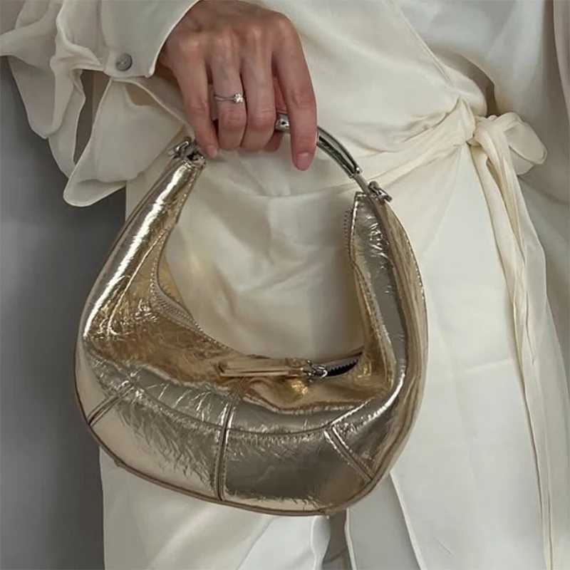 Gold Shiny Leather Crescent Moon Handbag Womens Purse Elegant Chain Shoulder Bag Highend Banquet Clutch Evening Bag Z250903