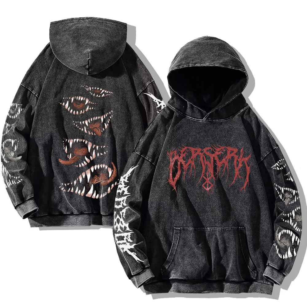 Anime Berserk Hoodie Berserk Frenzy Print Harajuku Washed Hooded Sweatshirt for Men - VT2742