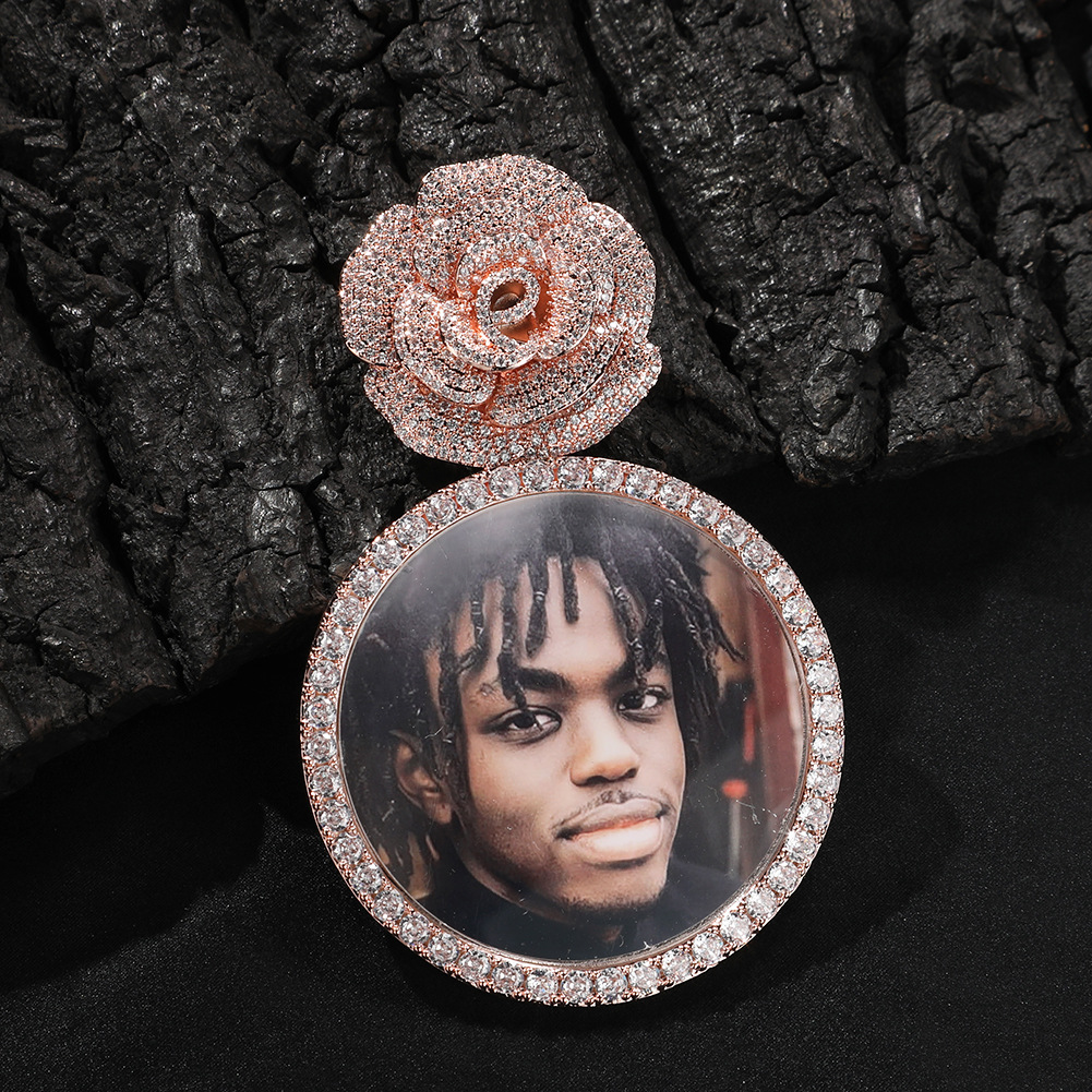 Custom Photo Pendant Necklace Rose Flower Round Memorial Frame Medal Jewelry
