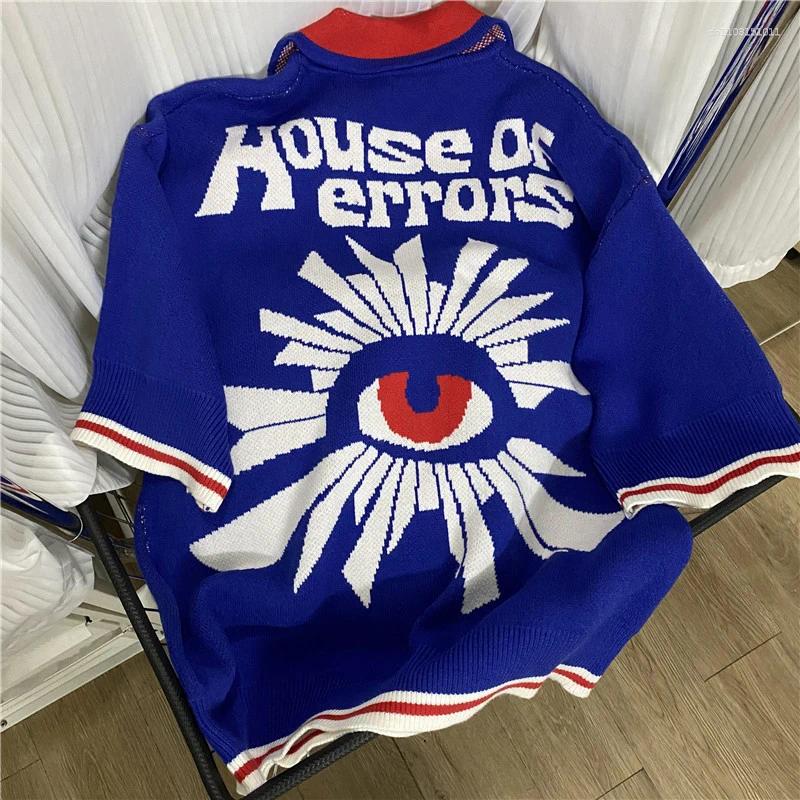 Men's T Shirts House Of Error Sweater Knitted Long Sleeve Multicolored Lapel Tops Jacquard Eye Pattern Loose Casual T-shirt