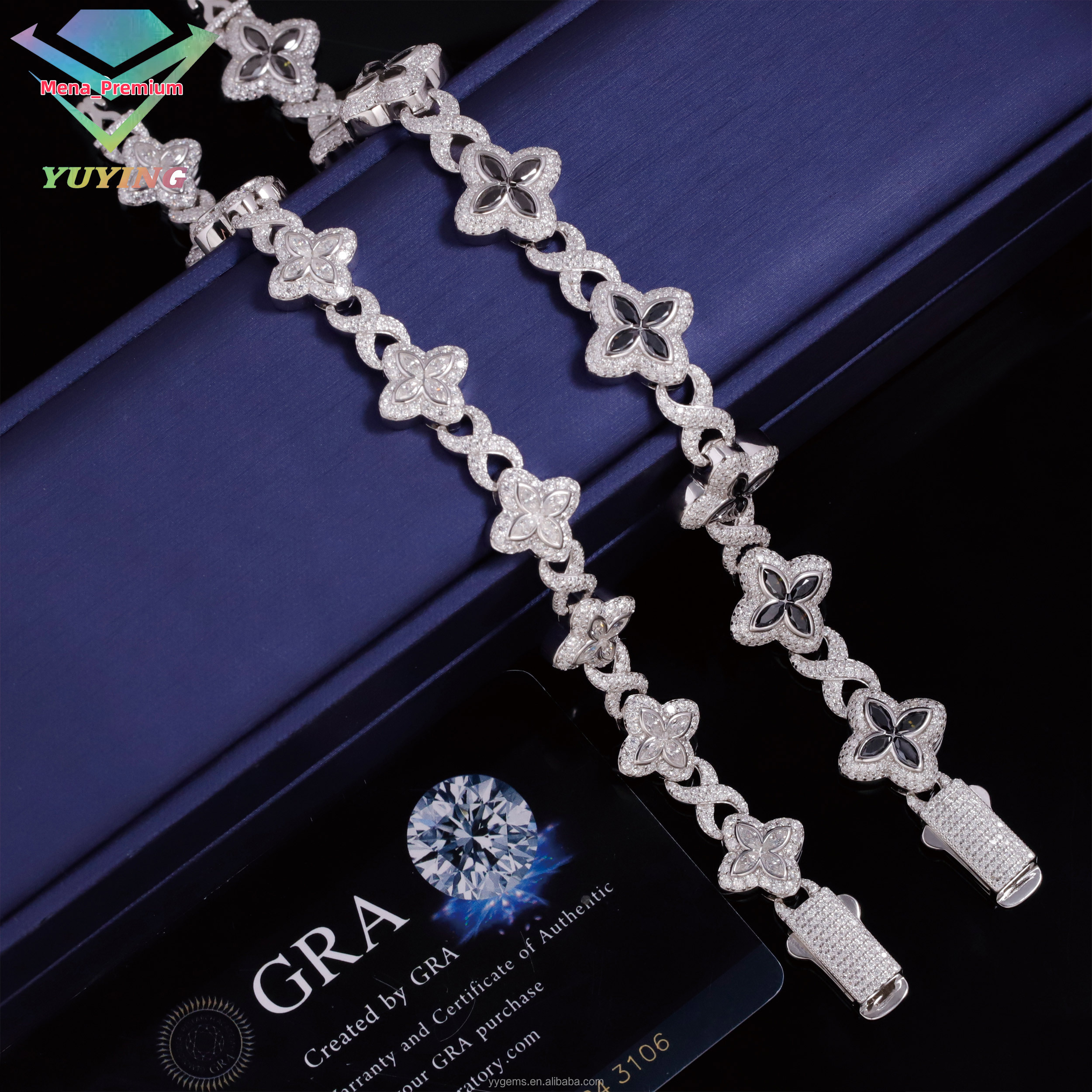 Ready to Ship 13mm Clover Bracelet S925 Silver Infinite Chain Blackwhite Moissanite Diamond Clover Bracelet for Women Girl