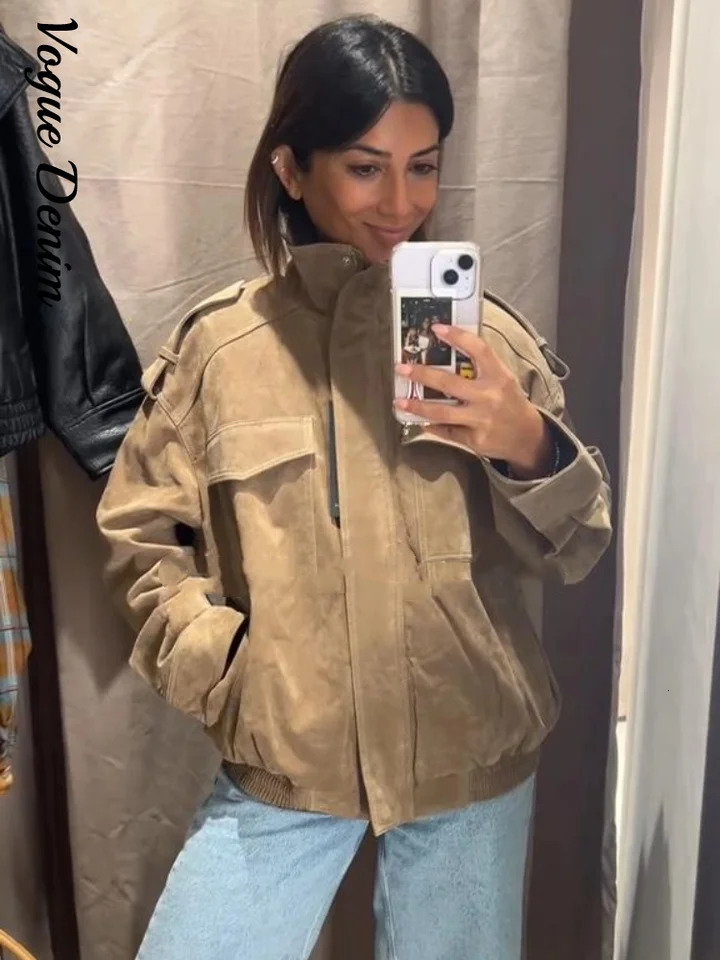 Casual Solid Suede Jackets Women Street Stand Collar Full Sleeve Zippers Loose Coats Female 2025 Autumn Fashion Lady Jacket 250903