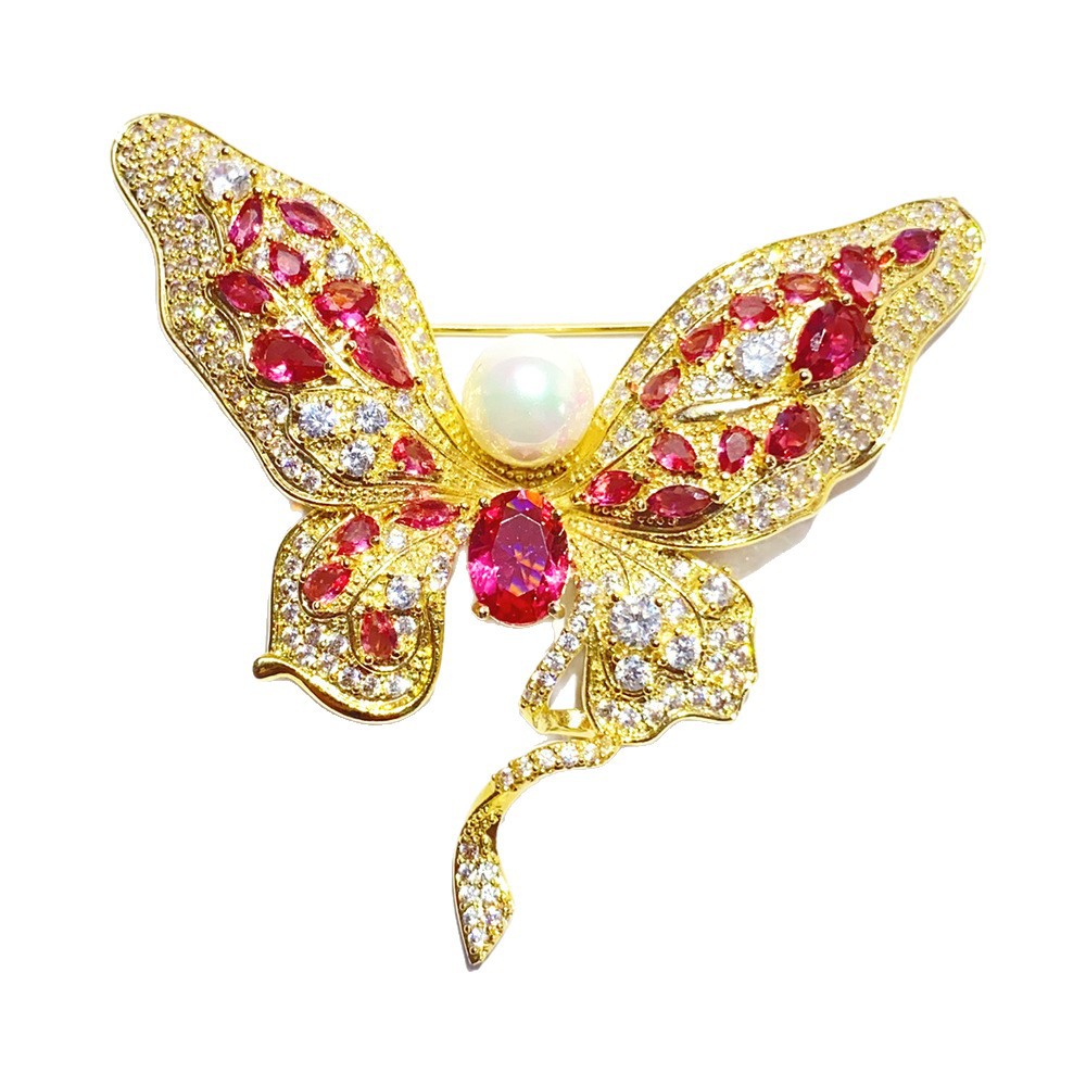 Designer Heavy duty Butterfly Shaped Brooch with Large Carat Red Zircon and Pearl Inlay, Light Luxury, Fashionable, High end and Premium Brooch