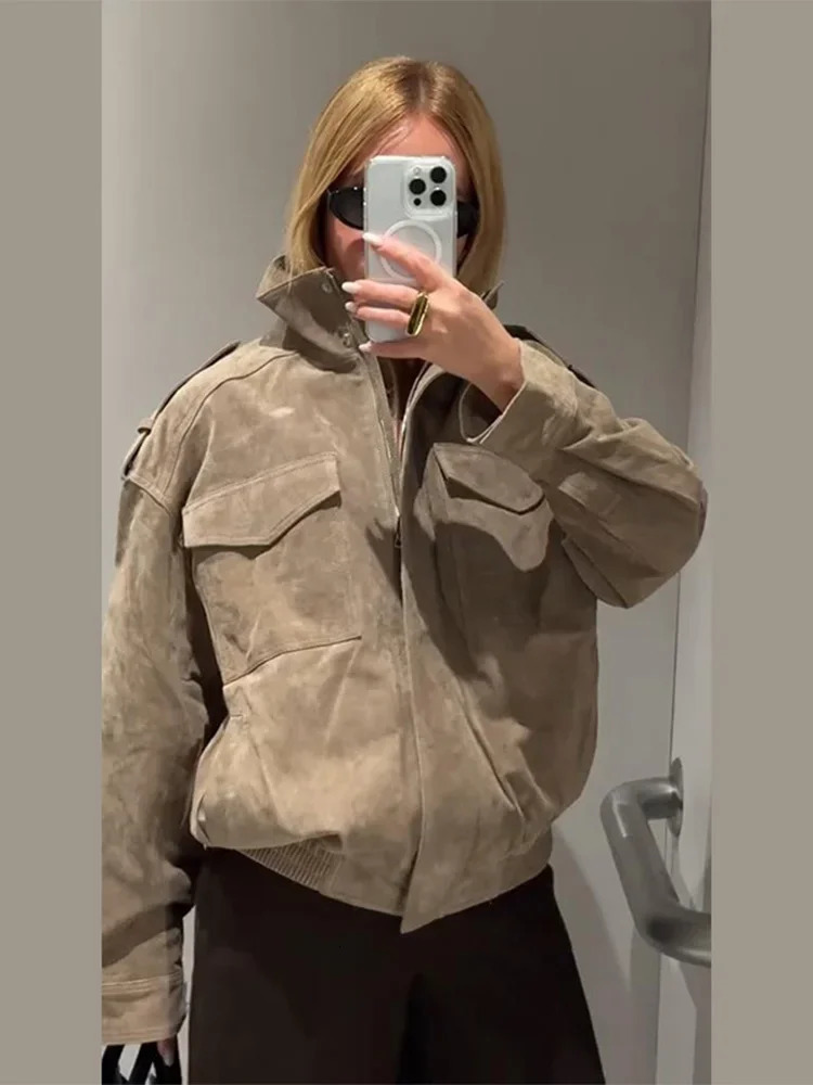Casual Solid Suede Jackets Women Street Stand Collar Full Sleeve Zippers Loose Coats Female 2025 Autumn Fashion Lady Jacket 250903